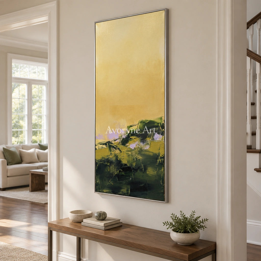 Pale Prelude textured landscape wall art with a silver frame in an entryway