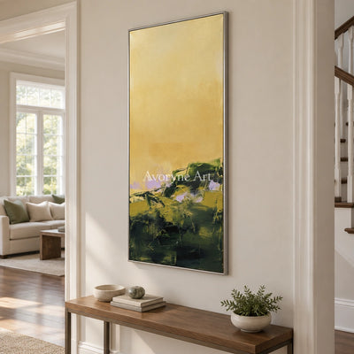 Pale Prelude textured landscape wall art with a silver frame in an entryway