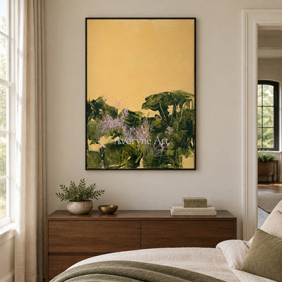 Pale Trace textured landscape wall art with a black frame above a bed in a bedroom