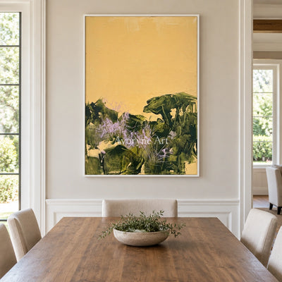 Pale Trace textured landscape wall art with a white frame in a dining room