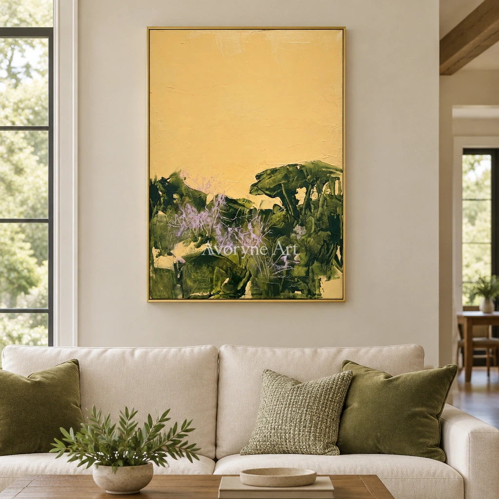 Pale Trace textured landscape wall art with a gold frame hanging in a living room