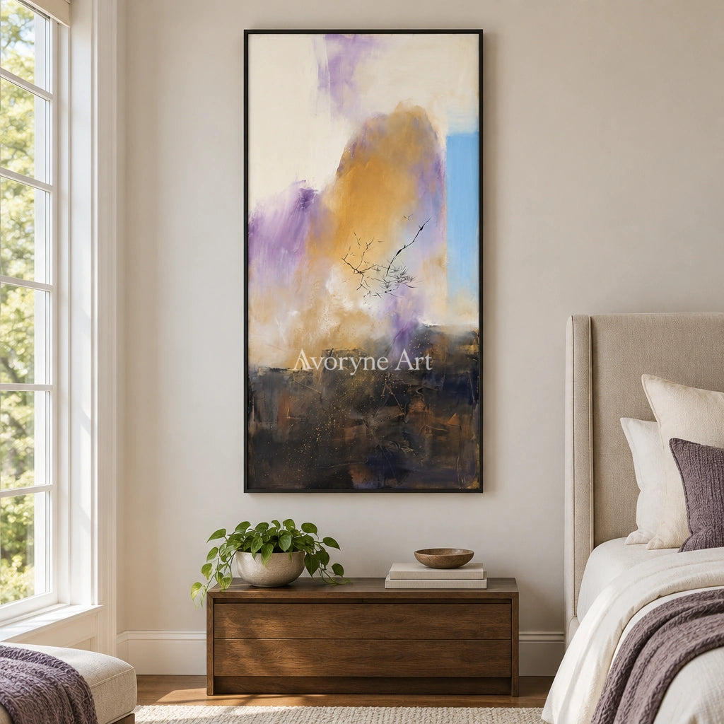Pale Story textured landscape wall art with a black frame above a bed in a bedroom