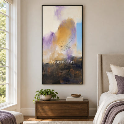 Pale Story textured landscape wall art with a black frame above a bed in a bedroom