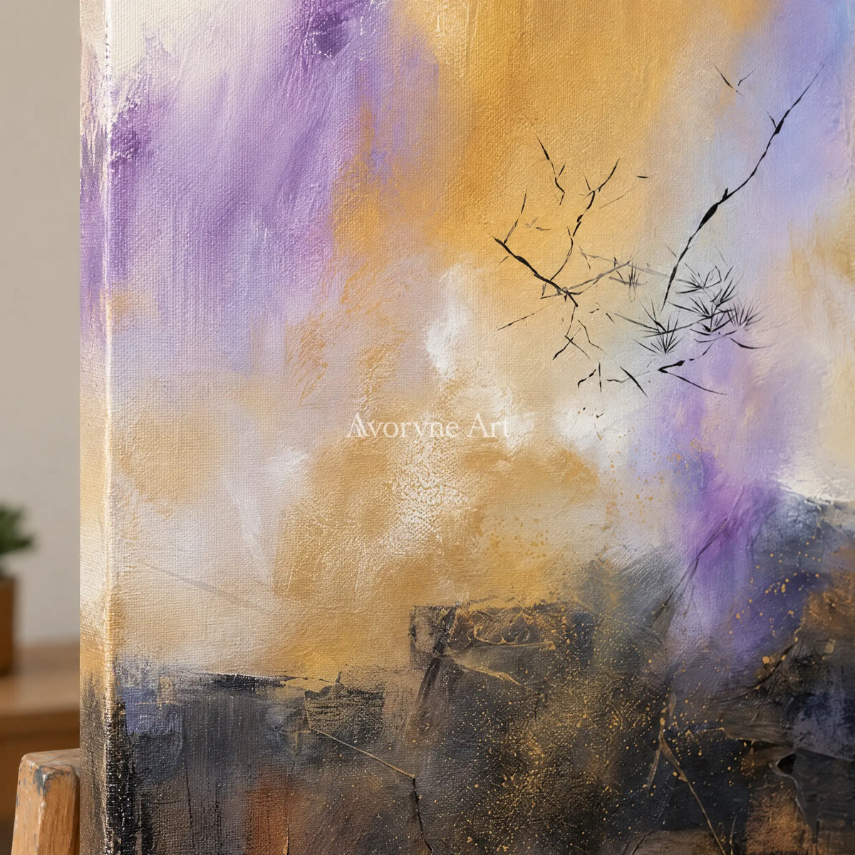 Close-up of the hand-painted texture of Pale Story textured landscape wall art on an easel