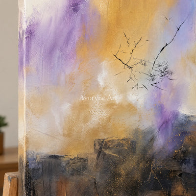 Close-up of the hand-painted texture of Pale Story textured landscape wall art on an easel