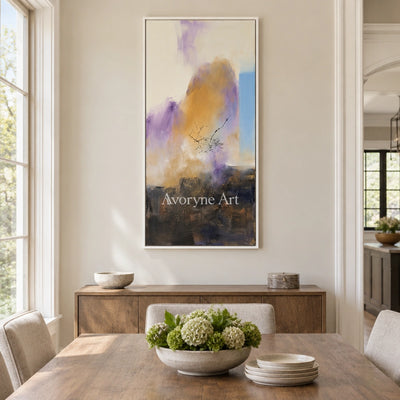 Pale Story textured landscape wall art with a white frame in a dining room