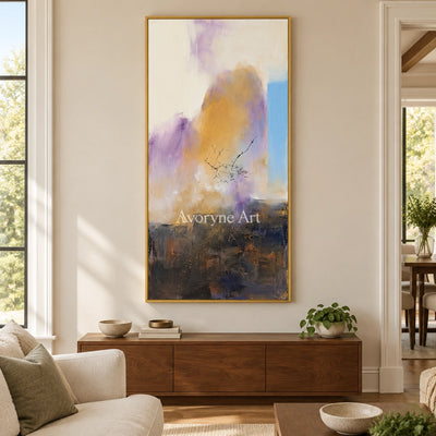 Pale Story textured landscape wall art with a gold frame hanging in a living room