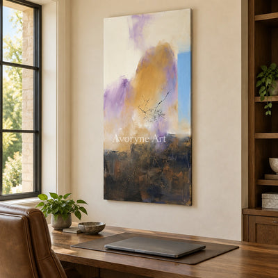 Pale Story textured landscape wall art as a frameless stretched canvas in a home office
