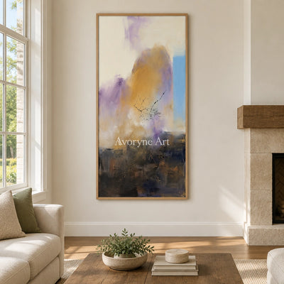 Pale Story textured landscape wall art with a wood frame in a villa living space