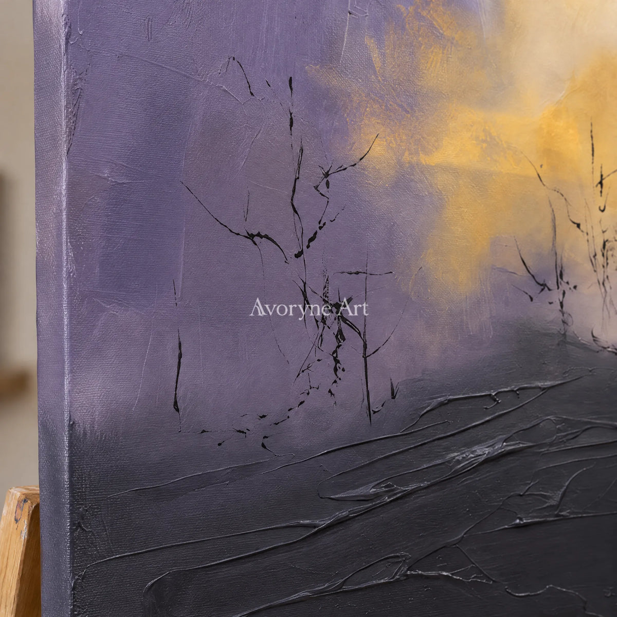 Close-up of the hand-painted texture of Pale Solace textured landscape wall art on an easel