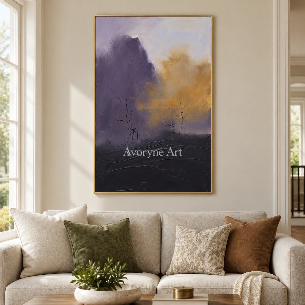 Pale Solace textured landscape wall art with a gold frame hanging in a living room