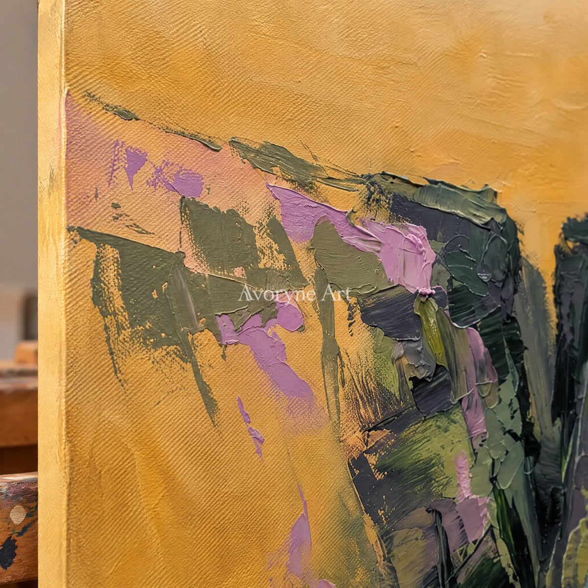 Close-up of the hand-painted texture of Pale Reverberation textured landscape wall art on an easel