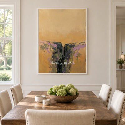 Pale Reverberation textured landscape wall art with a white frame in a dining room