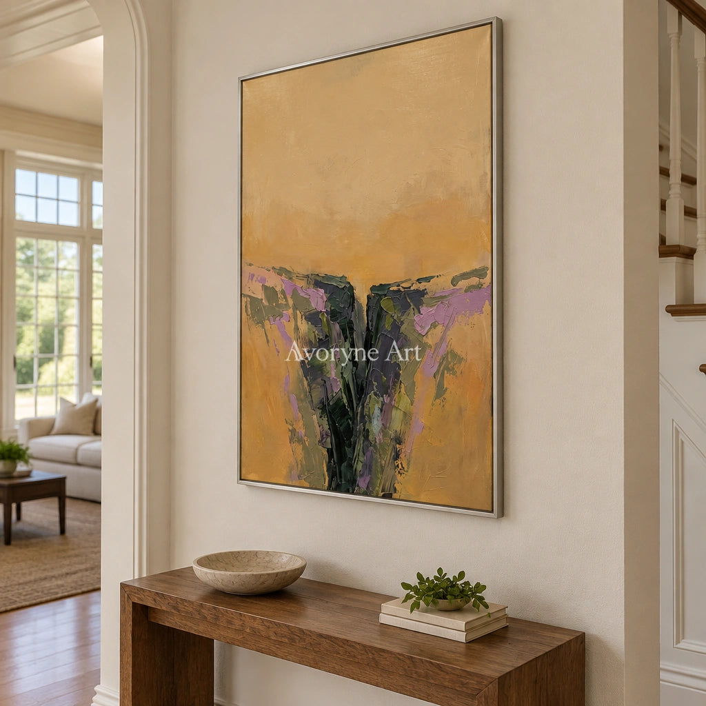 Pale Reverberation textured landscape wall art with a silver frame in an entryway