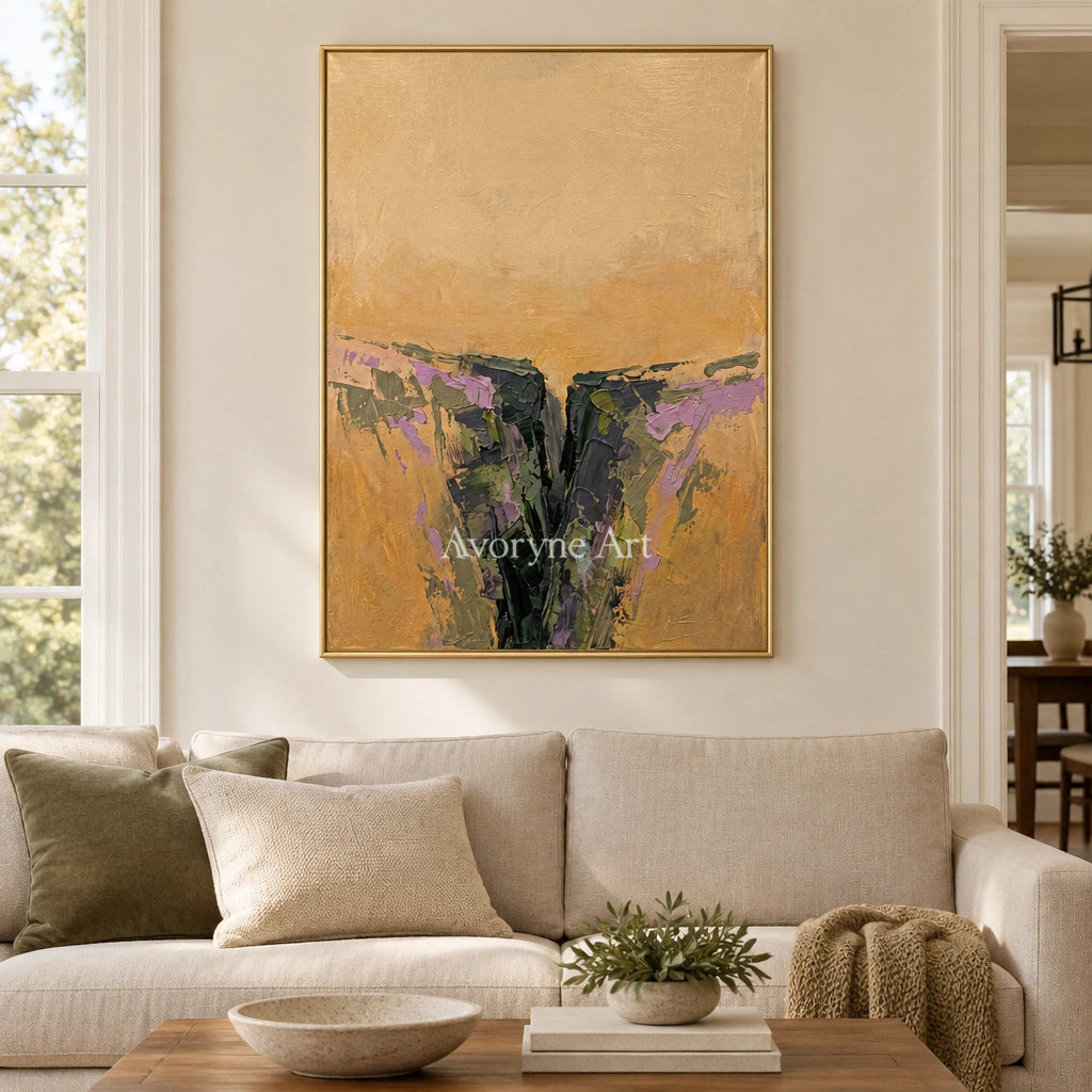 Pale Reverberation textured landscape wall art with a gold frame hanging in a living room