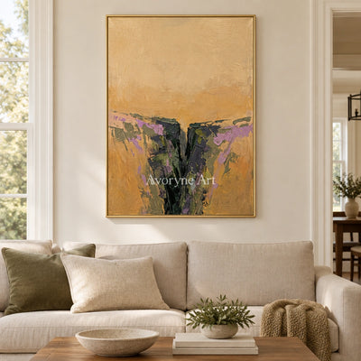 Pale Reverberation textured landscape wall art with a gold frame hanging in a living room