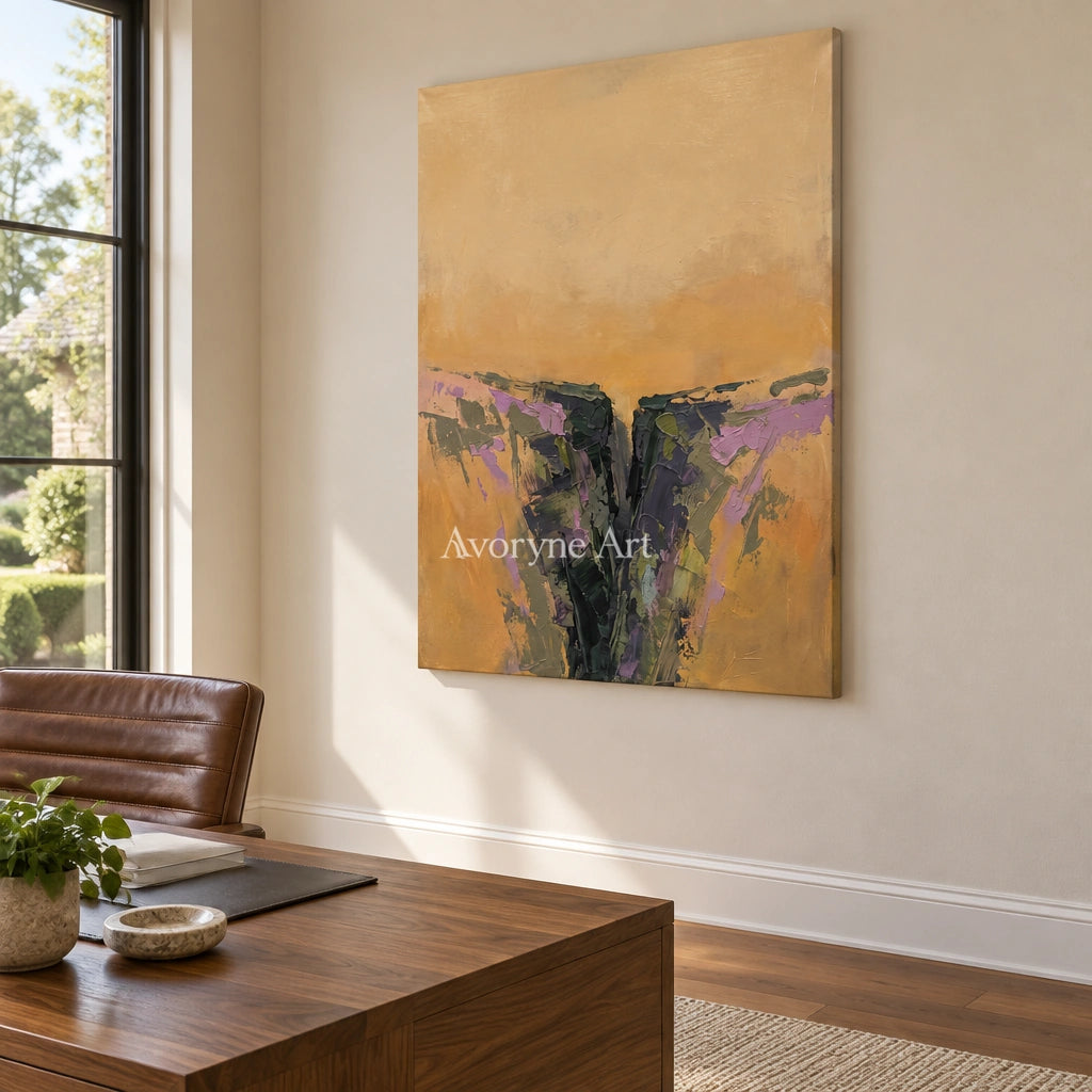 Pale Reverberation textured landscape wall art as a frameless stretched canvas in a home office
