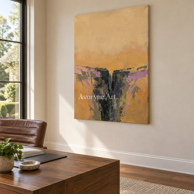 Pale Reverberation textured landscape wall art as a frameless stretched canvas in a home office