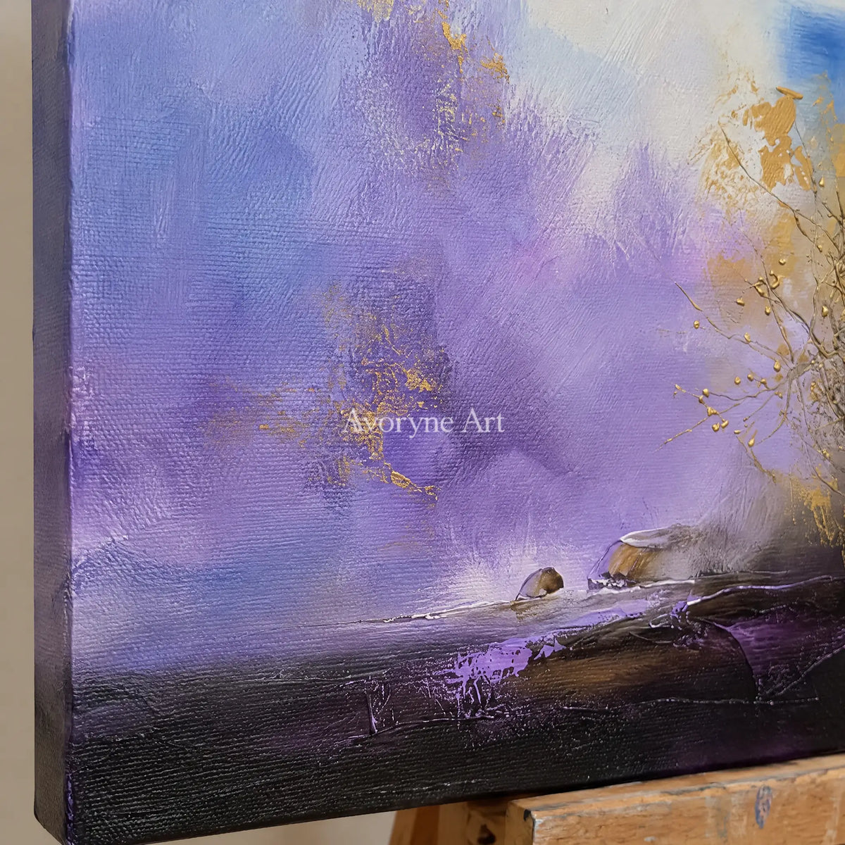 Close-up of the hand-painted texture of Pale Dialogue textured landscape wall art on an easel