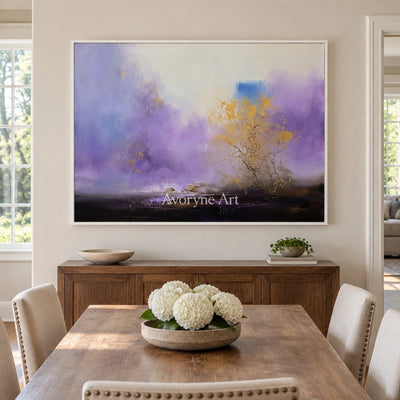 Pale Dialogue textured landscape wall art with a white frame in a dining room