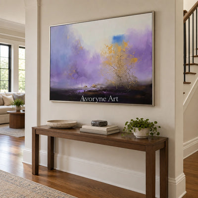 Pale Dialogue textured landscape wall art with a silver frame in an entryway