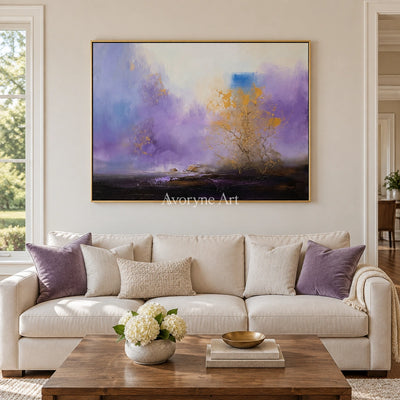 Pale Dialogue textured landscape wall art with a gold frame hanging in a living room