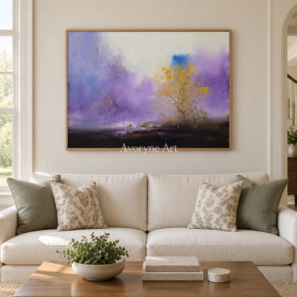 Pale Dialogue textured landscape wall art with a wood frame in a villa living space