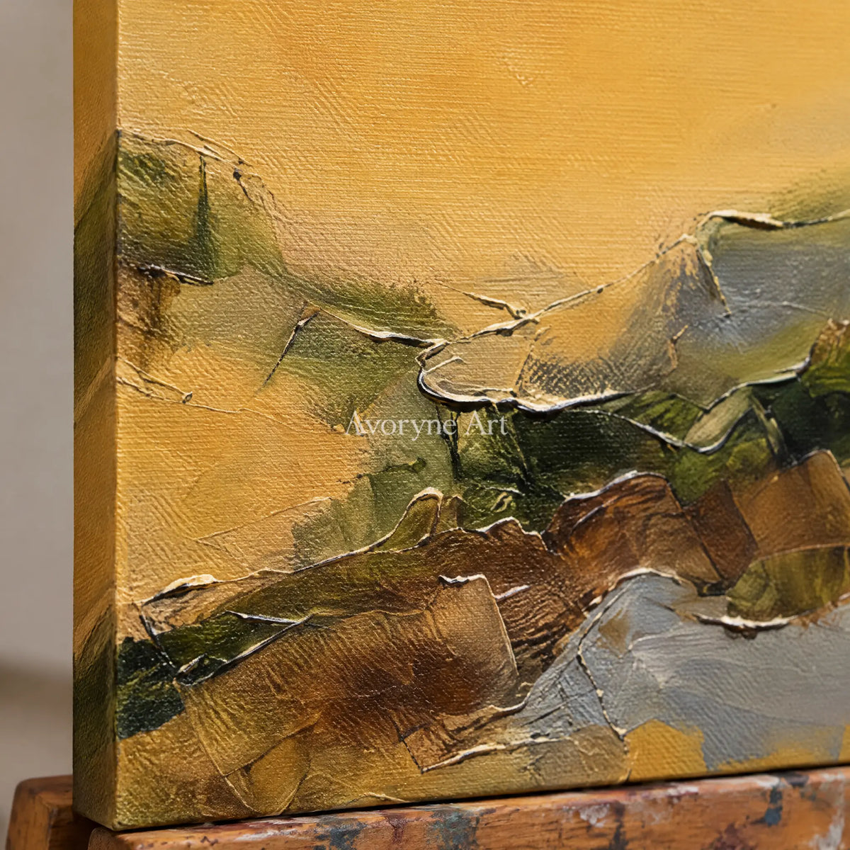 Close-up of the hand-painted texture of Pale Drift textured landscape diptych on an easel