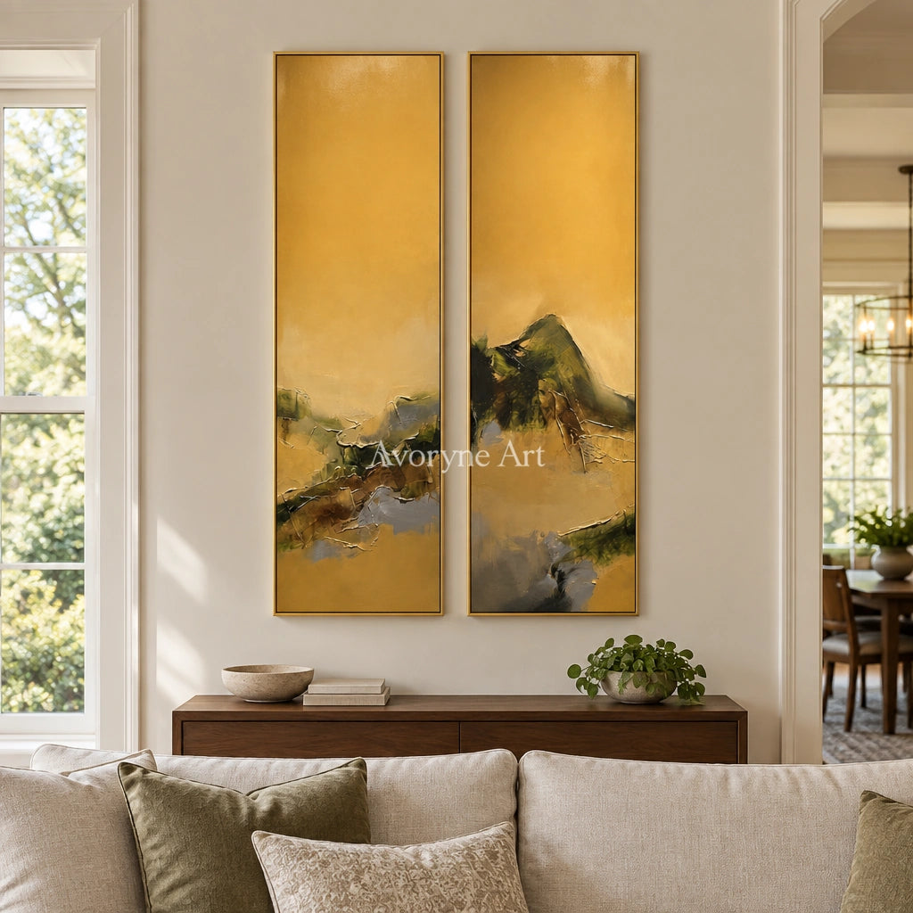 Pale Drift textured landscape diptych with a gold frame hanging in a living room