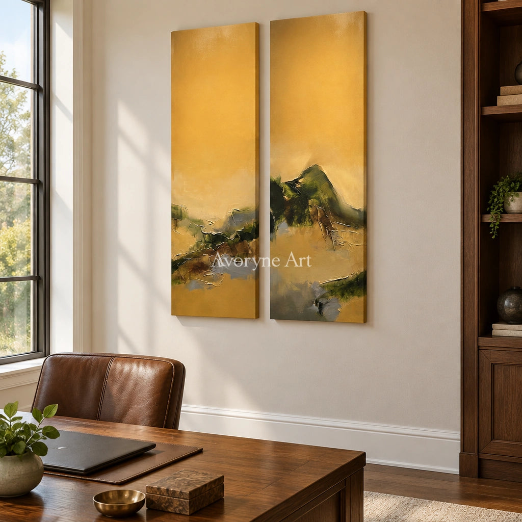 Pale Drift textured landscape diptych as a frameless stretched canvas in a home office