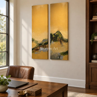 Pale Drift textured landscape diptych as a frameless stretched canvas in a home office