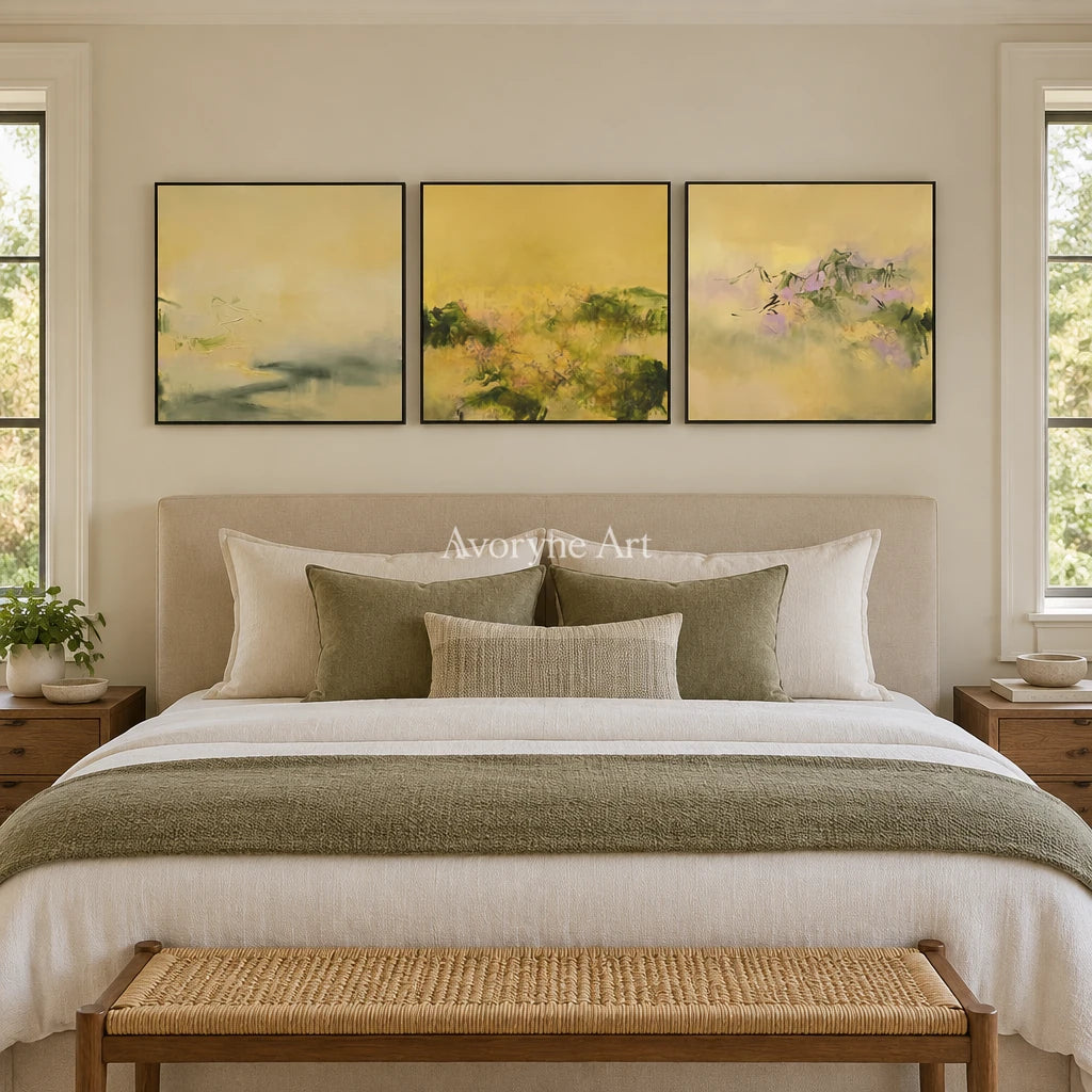 Blue Vista textured landscape triptych with a black frame above a bed in a bedroom