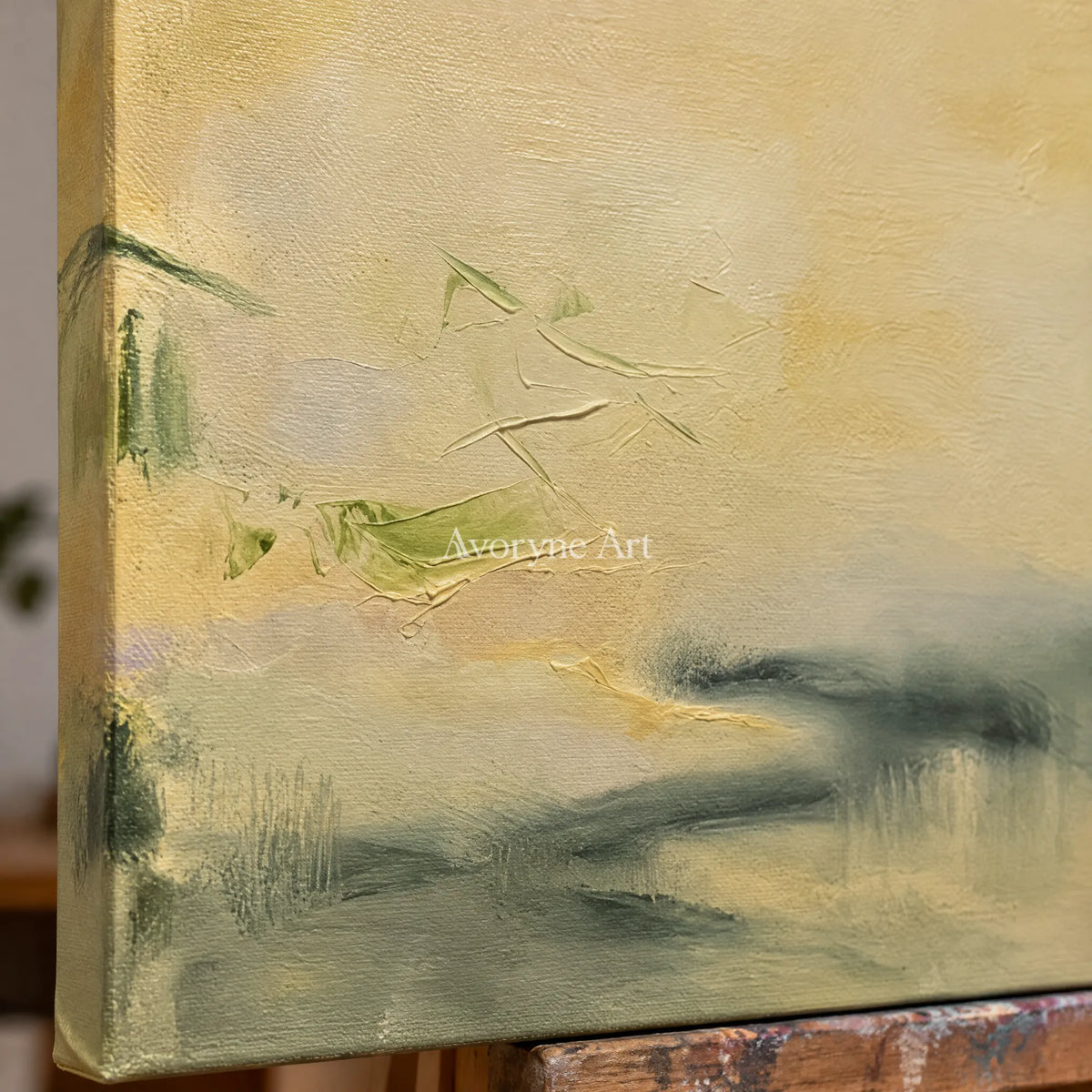 Close-up of the hand-painted texture of Blue Vista textured landscape triptych on an easel