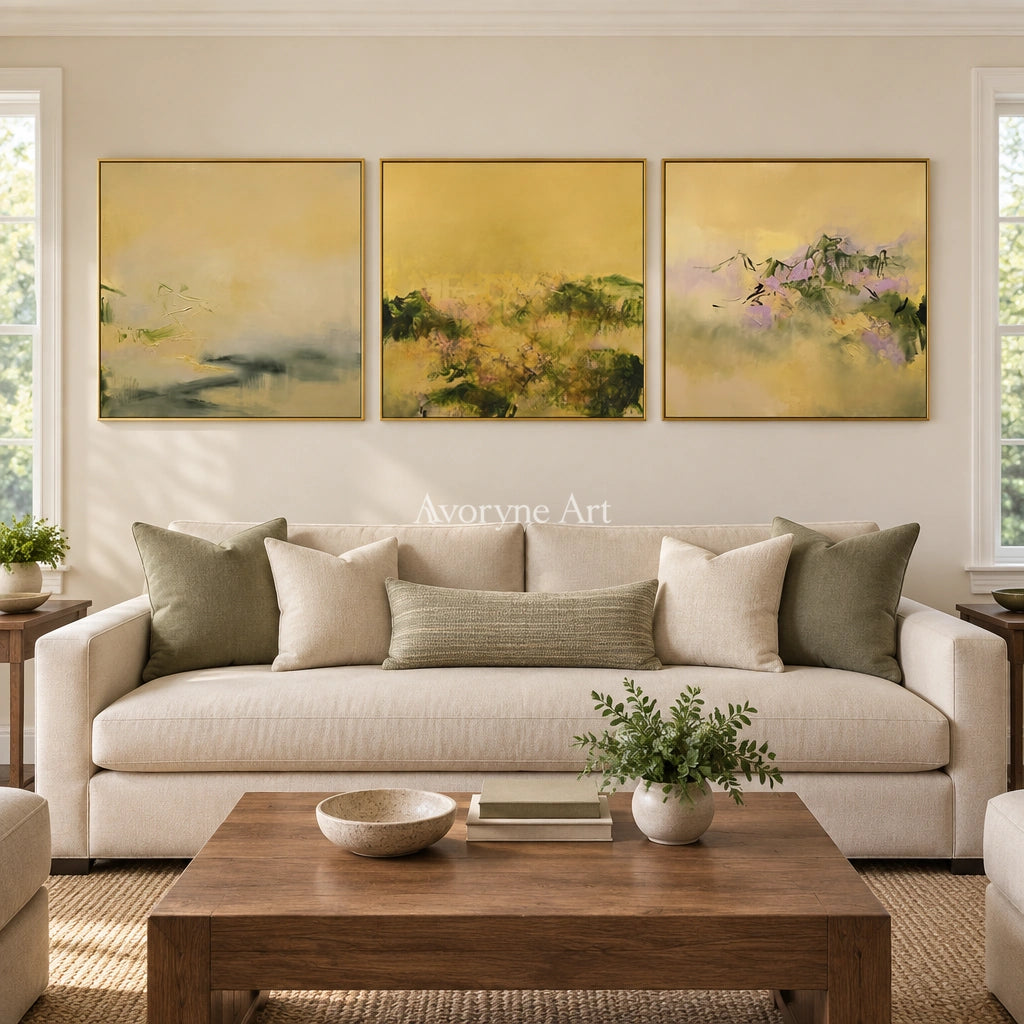 Blue Vista textured landscape triptych with a gold frame hanging in a living room