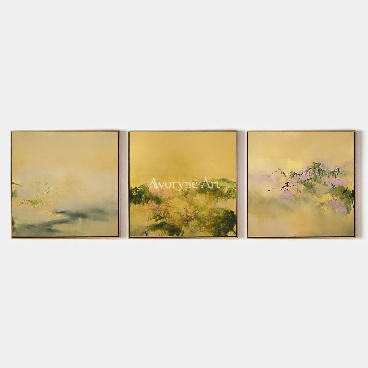 Blue Vista, hand-painted textured landscape triptych by Isabelle Marchand