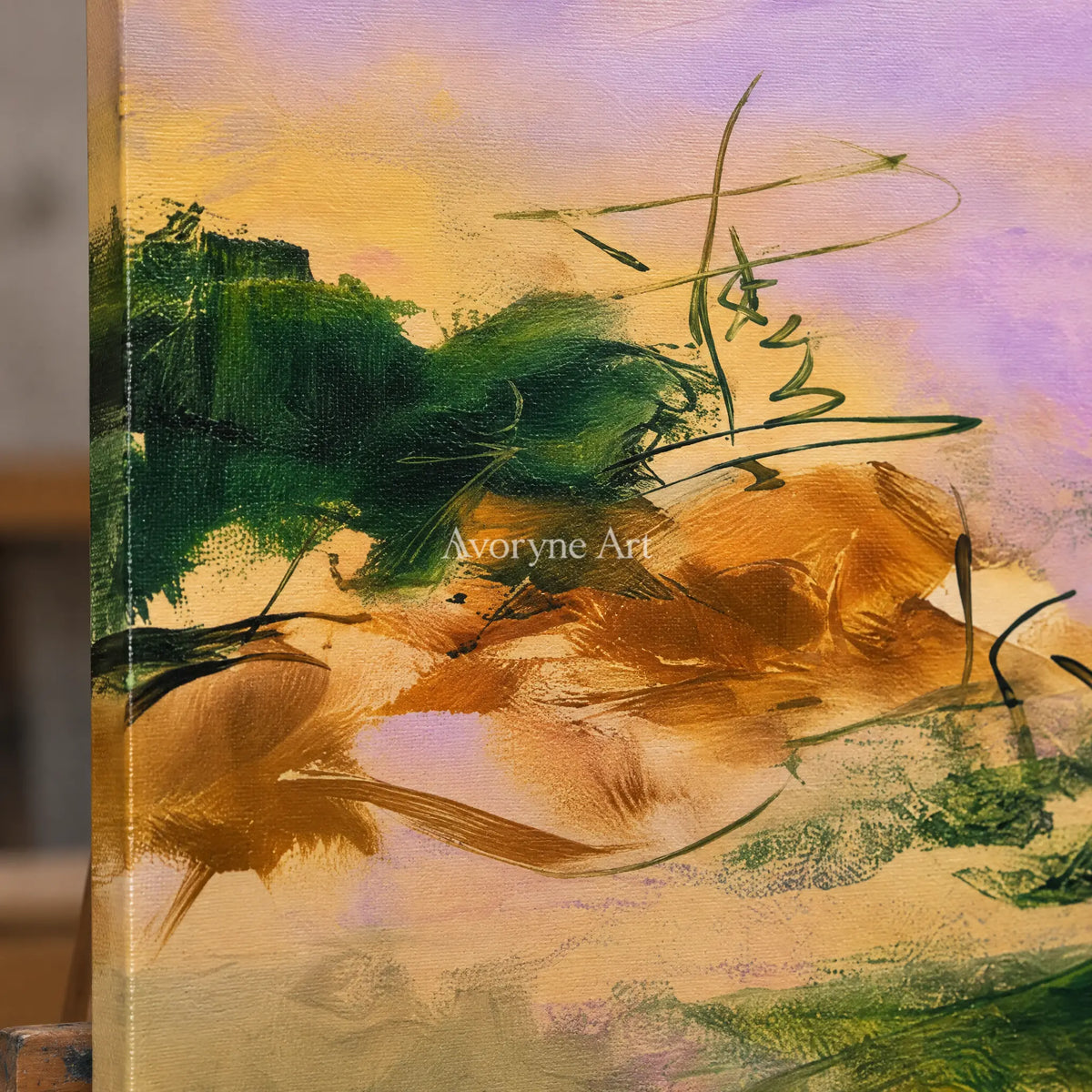 Close-up of the hand-painted texture of Deep Cadence textured landscape triptych on an easel