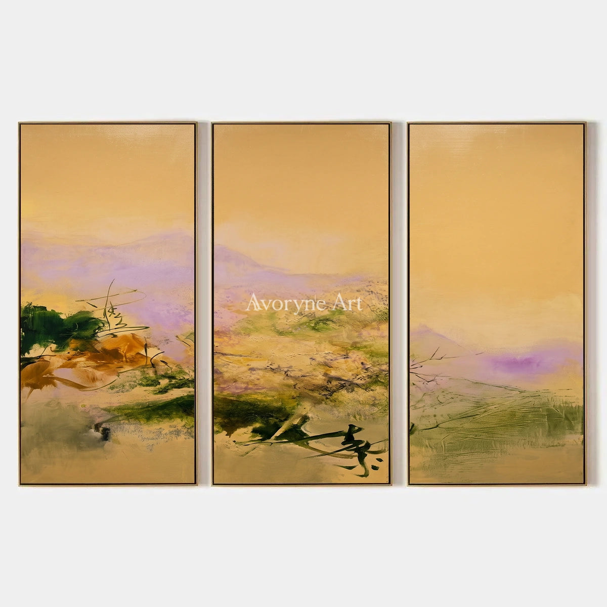 Deep Cadence, hand-painted textured landscape triptych by Isabelle Marchand