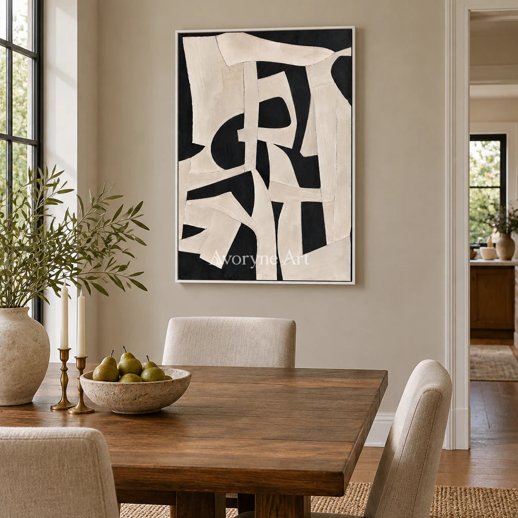Obsidian Drift: Textured Monochrome Abstract Wall Art — dining white