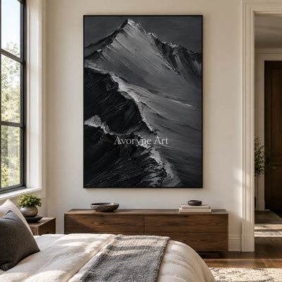 Slate Summits: Textured Monochrome Mountain Art — bedroom black