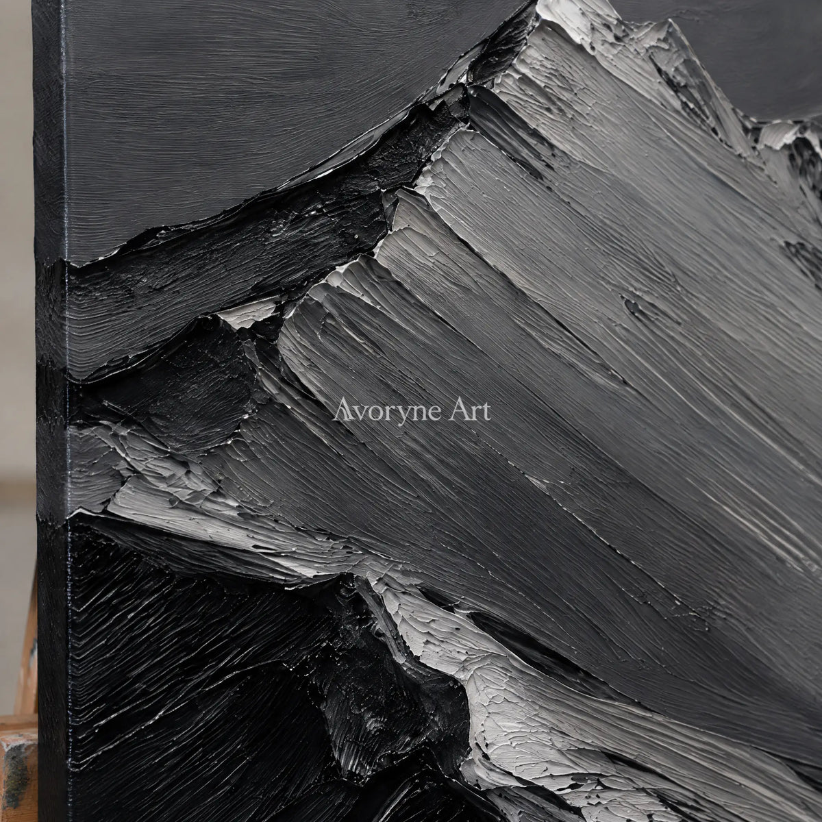 Slate Summits: Textured Monochrome Mountain Art — detail easel