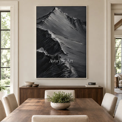 Slate Summits: Textured Monochrome Mountain Art — dining white