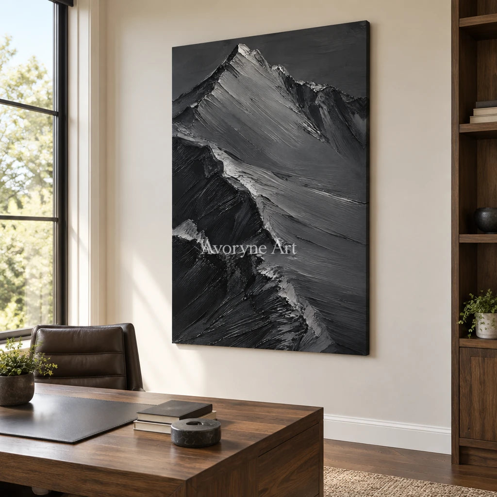 Slate Summits: Textured Monochrome Mountain Art — office frameless