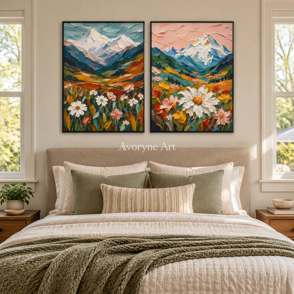 Alpine Bloom: Textured Mountain Floral Diptych Art — bedroom black