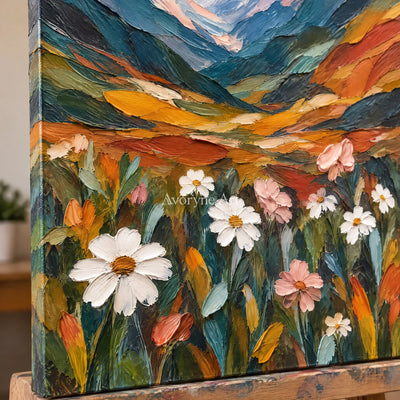 Alpine Bloom: Textured Mountain Floral Diptych Art — detail easel