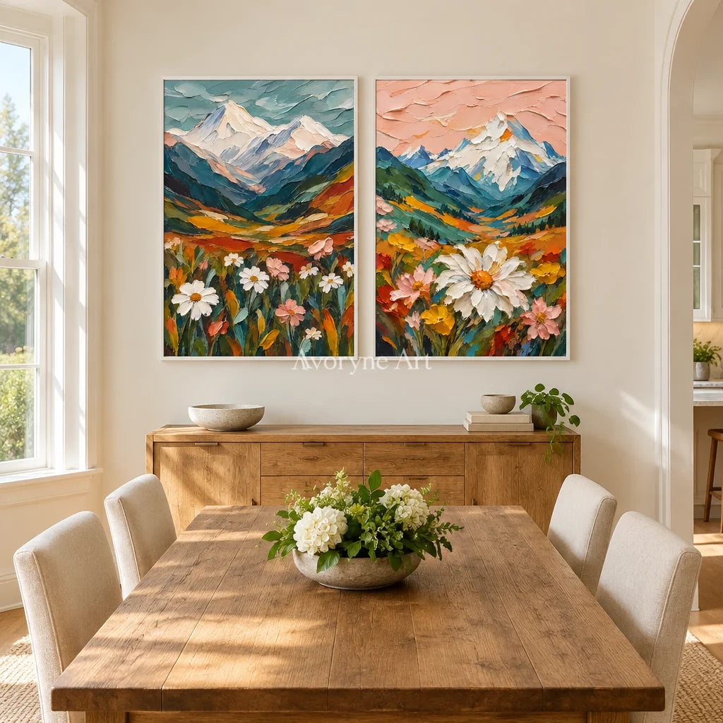 Alpine Bloom: Textured Mountain Floral Diptych Art — dining white