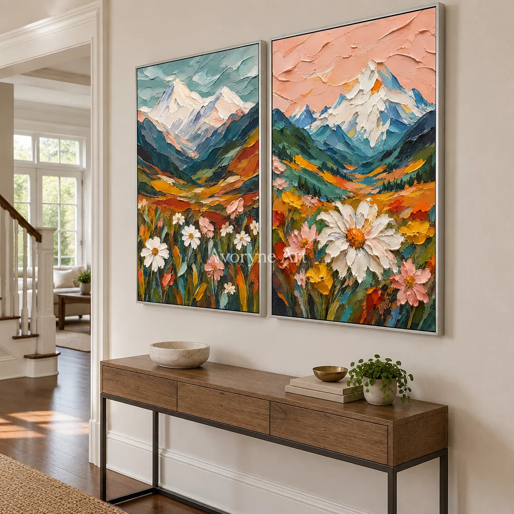 Alpine Bloom: Textured Mountain Floral Diptych Art — entry silver