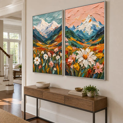 Alpine Bloom: Textured Mountain Floral Diptych Art — entry silver