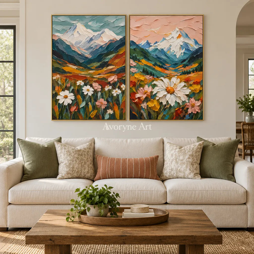 Alpine Bloom: Textured Mountain Floral Diptych Art — living gold