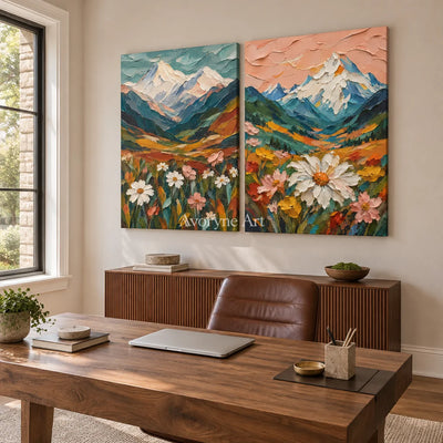 Alpine Bloom: Textured Mountain Floral Diptych Art — office frameless