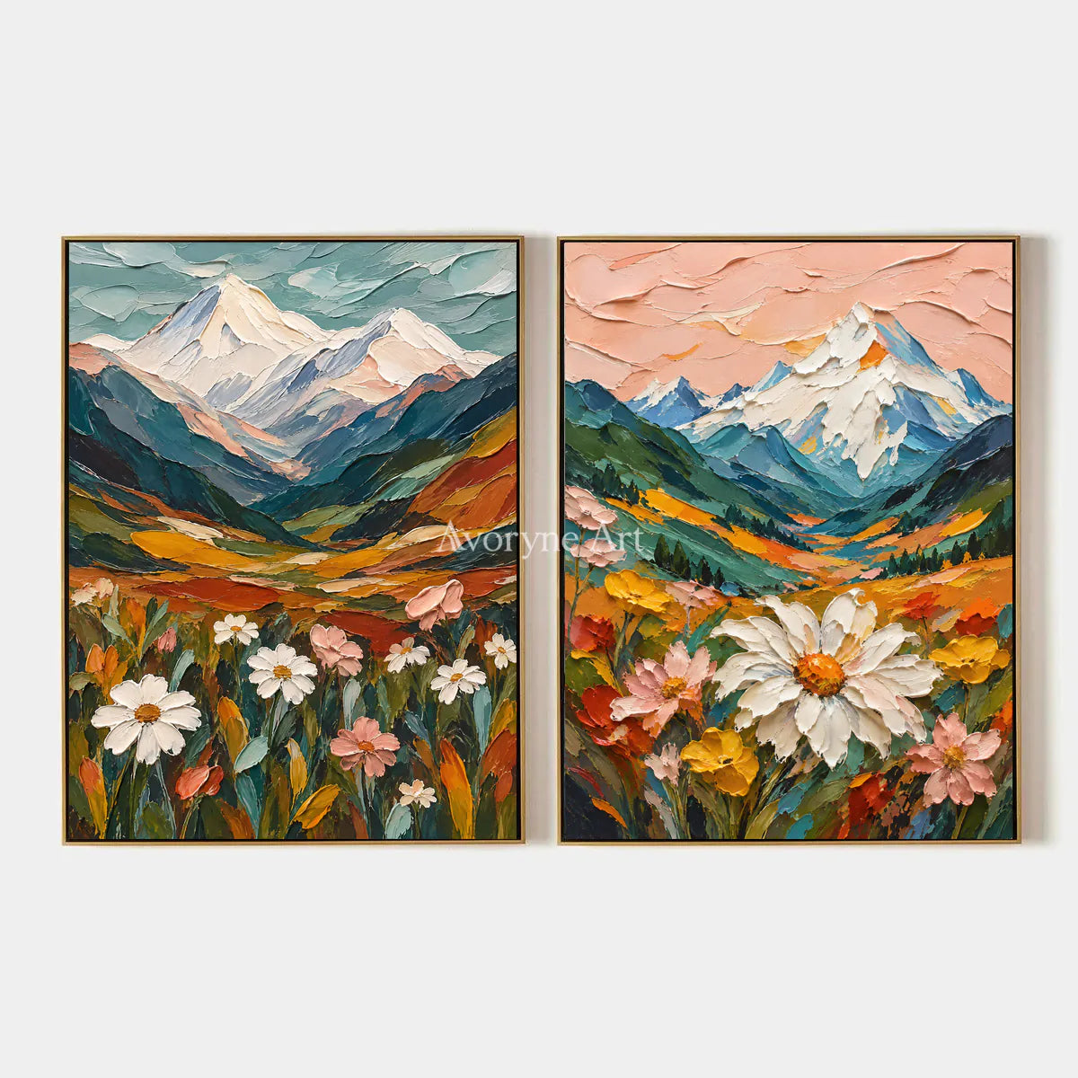 Alpine Bloom: Textured Mountain Floral Diptych Art — primary